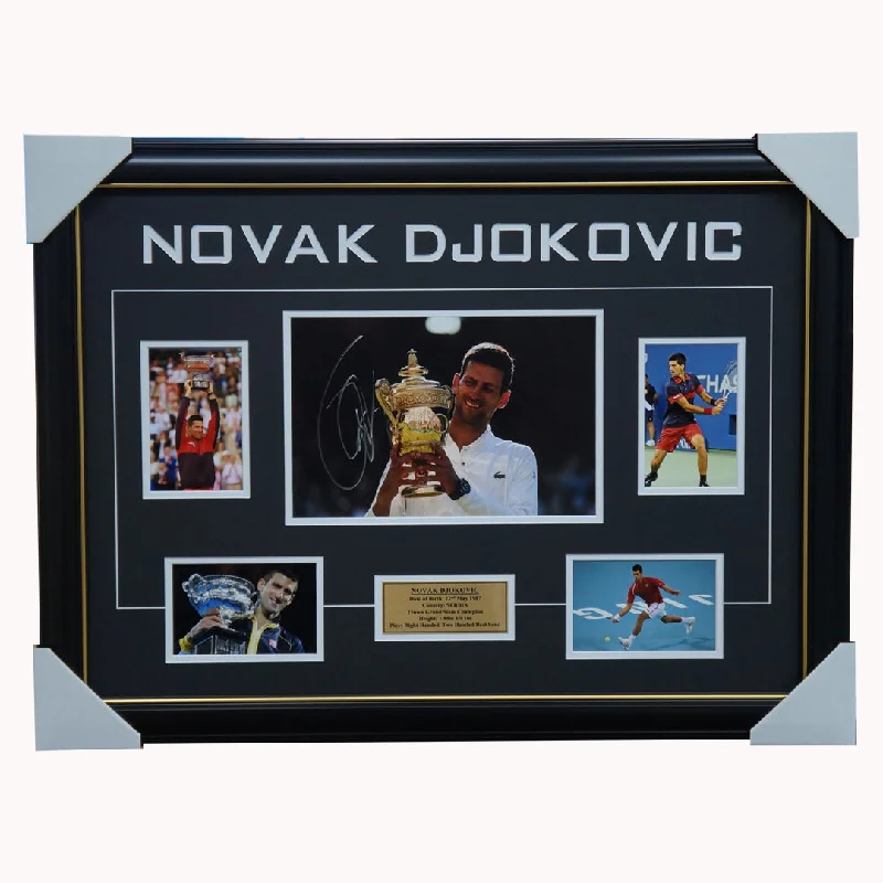 Novak Djokovic Signed Tennis Photo Collage Framed Grand Slam Champion + COA - 5658