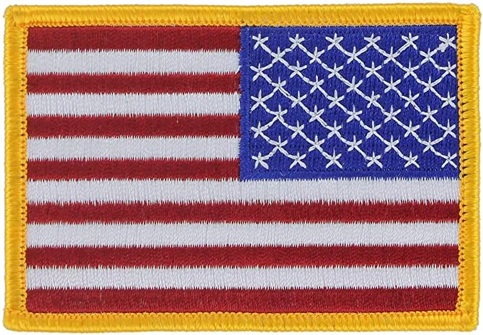 Right Sleeve Oriented Gold Border American Flag Patch - Applied or Unapplied.